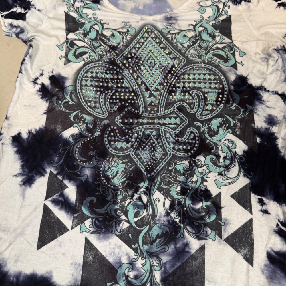 Vocal USA Womens Large Fleur De Lis Rhinestone Tie Dye Graphic Tee Blue White - Picture 3 of 6